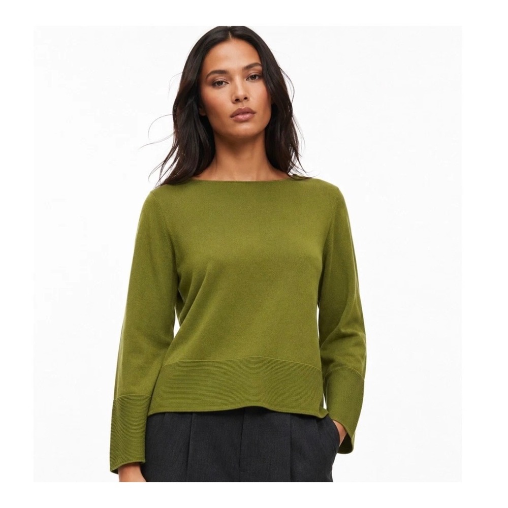 COS Heritage Preppy 90s Chartruese Green 100% Wool Boat Neck Sweater Size Small